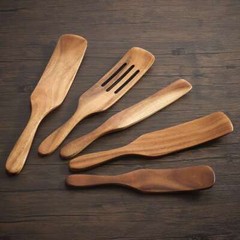 Spurtle Kitchen Cooking Utensil 5pc Set Teak Wood Non Stick Wooden Spatula Spoon