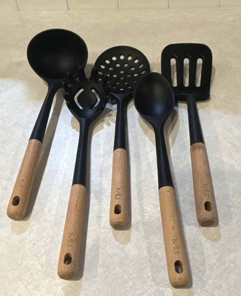 MIU 5-Piece Cooking Utensil Set Black Brown Wood Handle Ladle Pasta Spoon