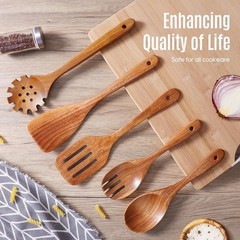 Wooden Spoons Kitchen Utensils Set 5 Pcs Natural Teak Non-Stick Cooking Tools