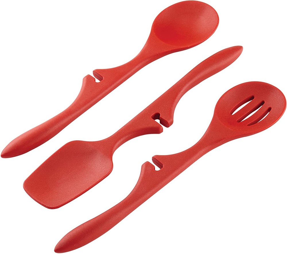 Rachael Ray Nonstick Lazy Spoonula, Solid and Slotted Spoon Set, 3 Pc Set, Red