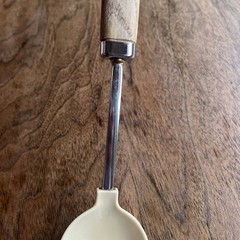 Vintage Unbranded Almond Cream Nylon Slotted Spoon Wood Riveted Handle 12”