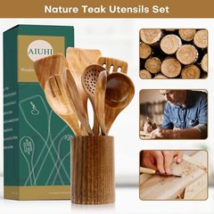 NATURAL TEAK WOOD KITCHEN UTENSILS WITH SPATULA AND LADLE 10