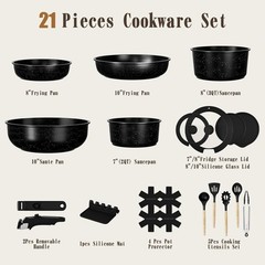 Umite Chef 21Pcs Pots and Pans Set Non Stick, Nonstick Cookware Large, Black