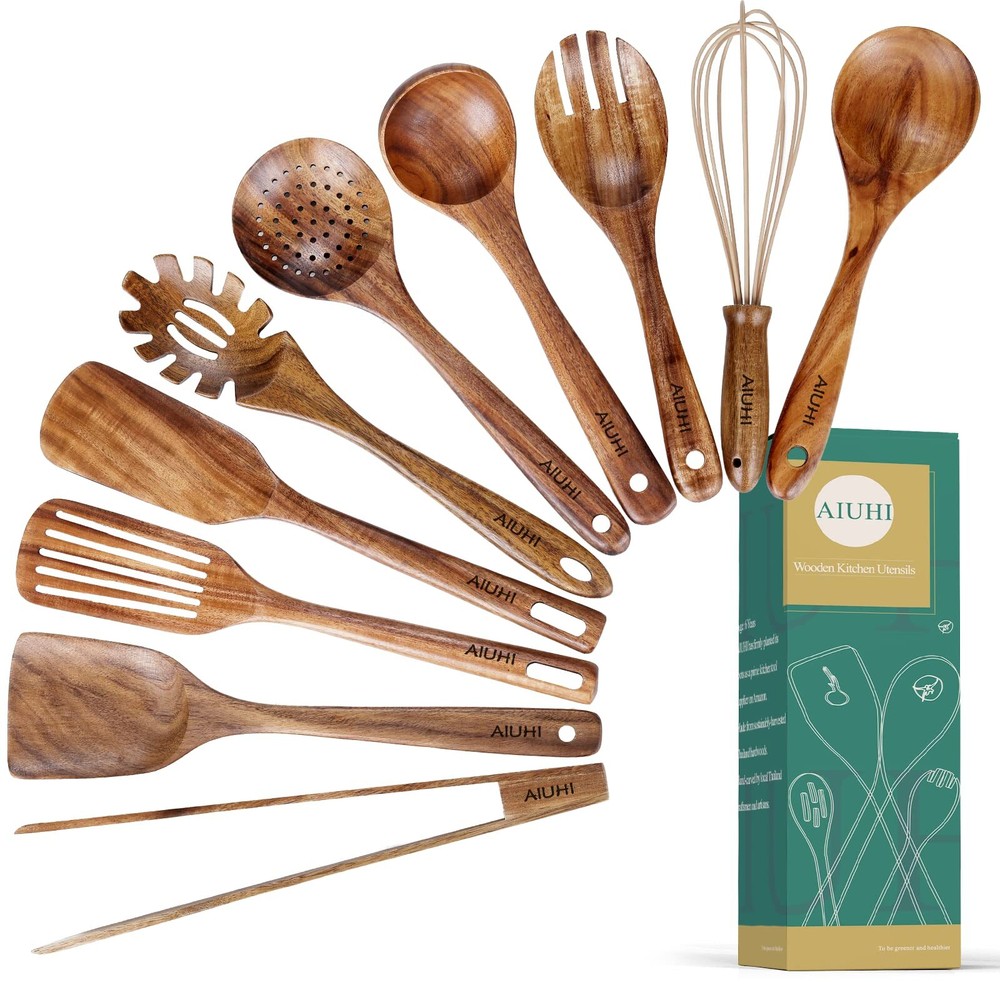 NATURAL TEAK WOOD KITCHEN UTENSILS WITH SPATULA AND LADLE 10