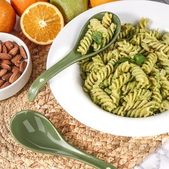 Green Ceramic Soup Spoons Set of 6, 6.75 Inch Chinese Ramen Spoons for Pho, C…