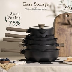 Astercook Non Stick Pots and Pans Set, 19 Pcs Kitchen Cookware Sets, Black