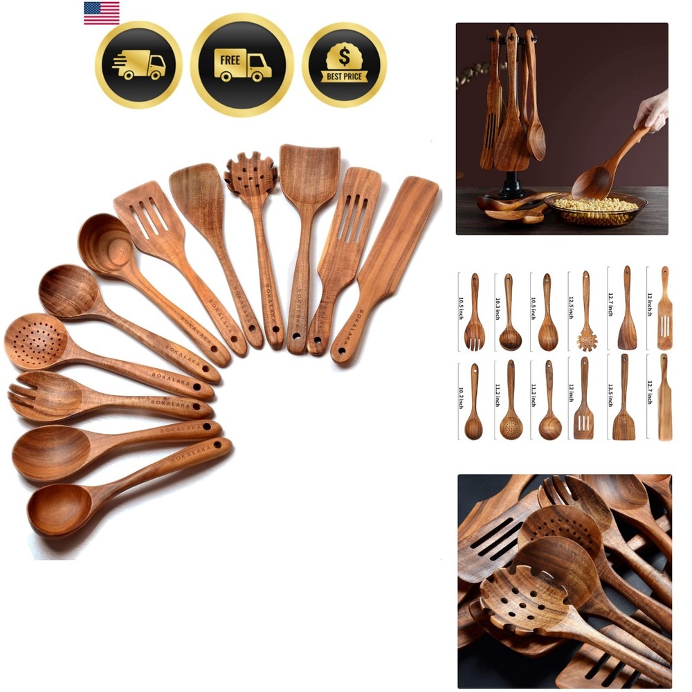 Wooden Cooking Spoons Set 12 Piece Teak Kitchen Utensils Non-Stick Safe