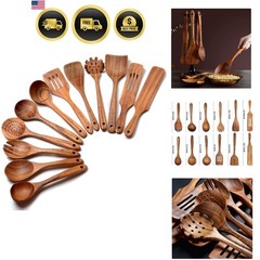 Wooden Cooking Spoons Set 12 Piece Teak Kitchen Utensils Non-Stick Safe