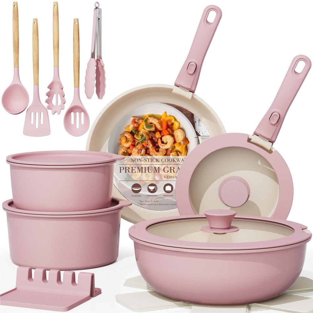 Astercook 21 Pcs Pots and Pans Non Stick 21 Kitchen Cookware Sets, Pink