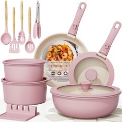 Astercook 21 Pcs Pots and Pans Non Stick 21 Kitchen Cookware Sets, Pink