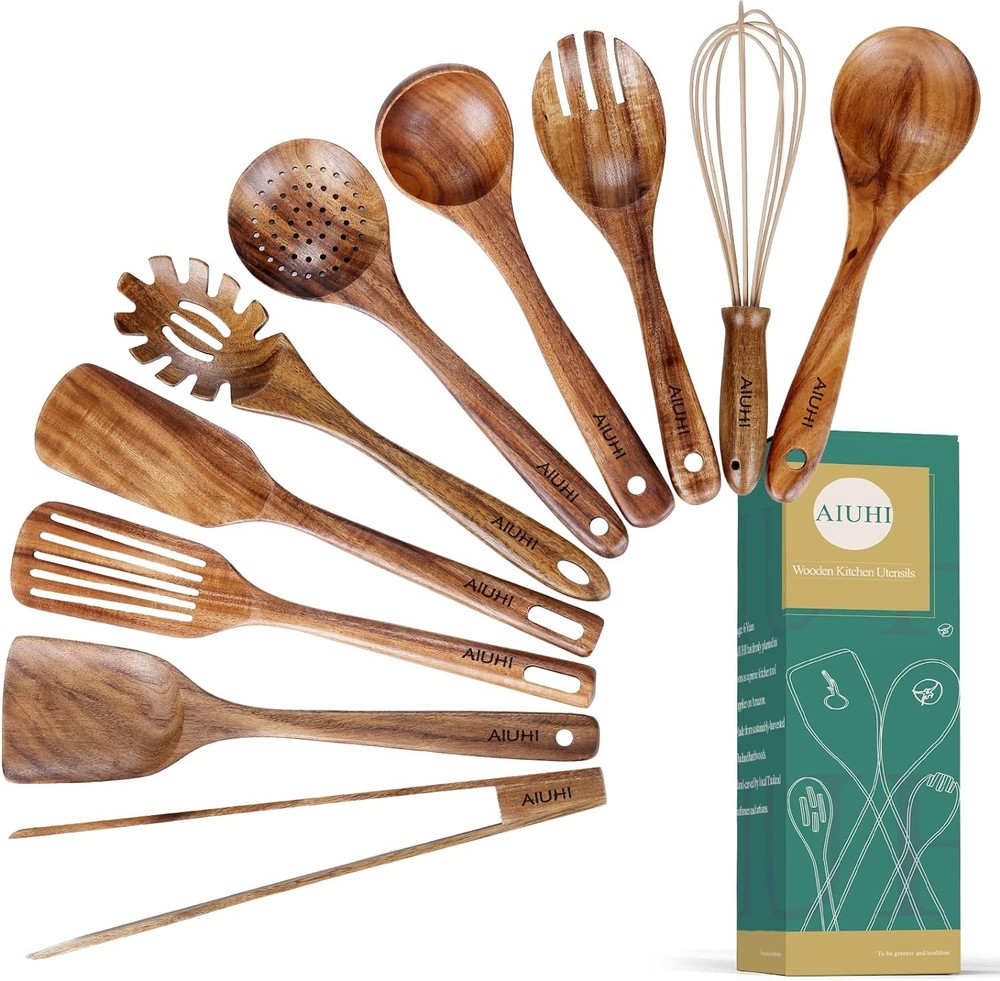 10 Pack Wooden Utensils for Cooking, Wood Utensil Set for Kitchen
