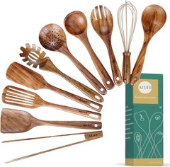 10 Pack Wooden Utensils for Cooking, Wood Utensil Set for Kitchen