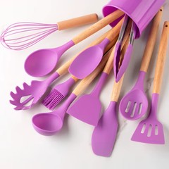 12pcs, Silicone Utensil Set, Khaki Kitchen Utensil Set With Wooden Handle, Safet