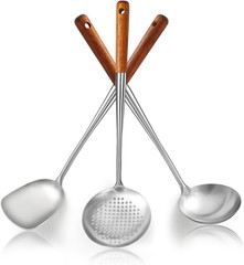 Wok Spatula Set 17″, Heat Resistant Wood Handle Stainless Steel Wok Tools, Ladle