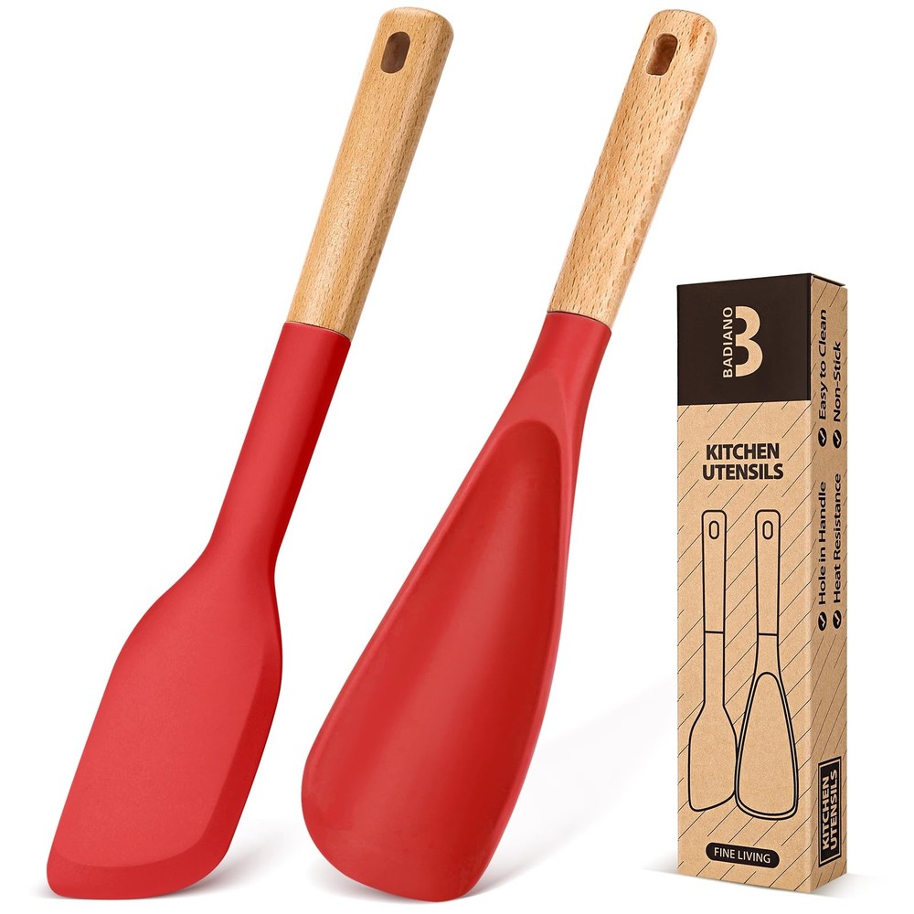 Red Silicone Cooking Spoon Scraper Wood Handle For Nonstick Cookware Unit