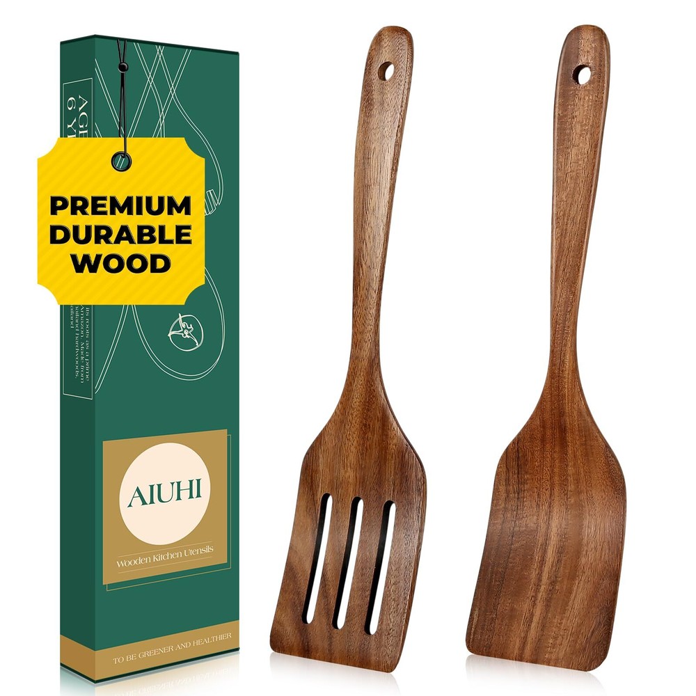 TEAK WOOD SPATULA FOR COOKING DURABLE FLAT TURNER AND SLOTTED SPATULA FOR NONSTI
