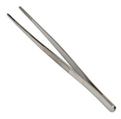 Silver Stainless Steel Long Food Tongs Straight Tweezers Kitchen Serrated Tips