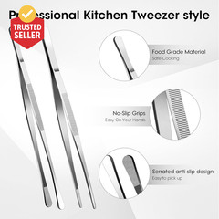 2 Pcs 12-Inch Stainless Steel Kitchen Utensils, Cooking Tongs, Kitchen Tweezers
