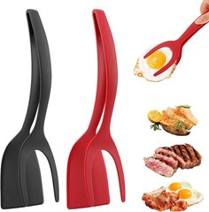 2Pcs 2 in 1 Egg Flipper Spatula Tongs Non Stick Grip Flip Omelet Pancake Black R