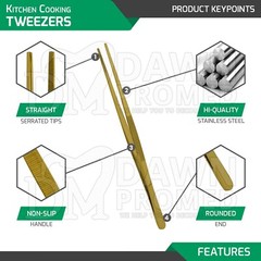2 Pcs Gold Kitchen Tweezers 10″ Straight & Round Tip Set Chef Long Food Tongs
