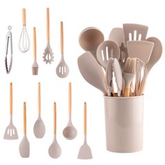 12pcs, Silicone Utensil Set, Khaki Kitchen Utensil Set With Wooden Handle, Safet