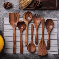 Non-Stick Wooden Kitchen Utensil Set – 7 Natural Teak Tools for Cooking