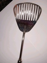 Vtg A&J Kitchamajig Slotted Spoon Whisk Strainer Utensil Red Wood Handle 12” USA
