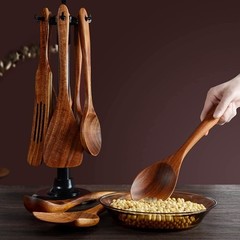 Wooden Cooking Spoons Set 12 Piece Teak Kitchen Utensils Non-Stick Safe
