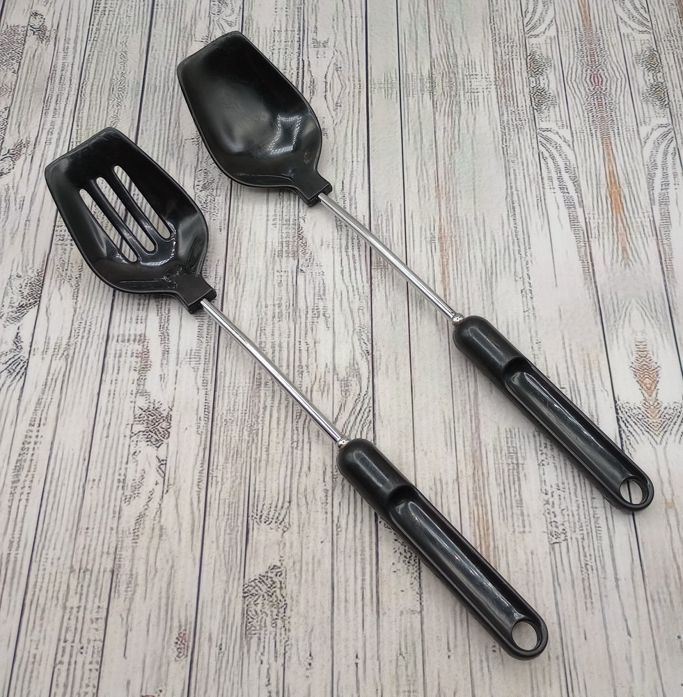 Vintage Nylon Slotted and Solid Serving Spoon Black Plastic Handle Unbranded