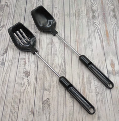Vintage Nylon Slotted and Solid Serving Spoon Black Plastic Handle Unbranded