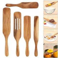 Spurtle Kitchen Cooking Utensil 5pc Set Teak Wood Non Stick Wooden Spatula Spoon