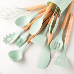 12pcs, Silicone Utensil Set, Khaki Kitchen Utensil Set With Wooden Handle, Safet