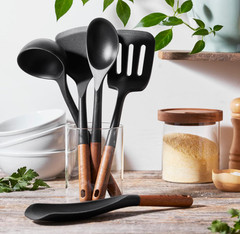 Juego Utensilios Cocina Silicona con Mango de Madera 5 Piezas Resistente al Calo