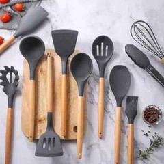 12-Pcs Kitchen Silicone Utensils Set with Heat Resist Wooden Handle Black