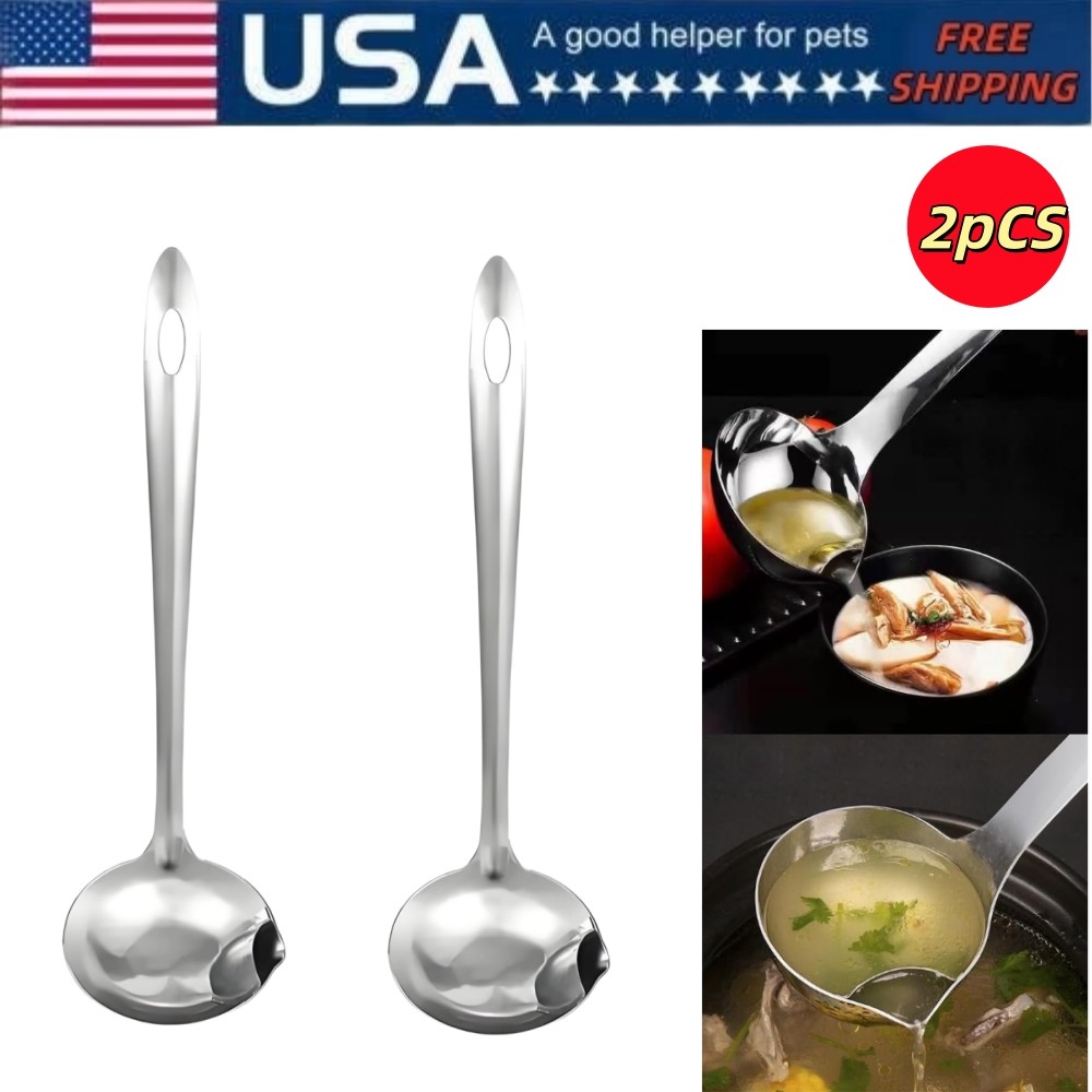 2Pcs Kitchen Oil Fat Gravy Separator Spoon Stainless Steel Colander Ladle Tool