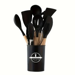 12 PCS Silicone Kitchenware Utensil Set with Wooden Handle & Holder