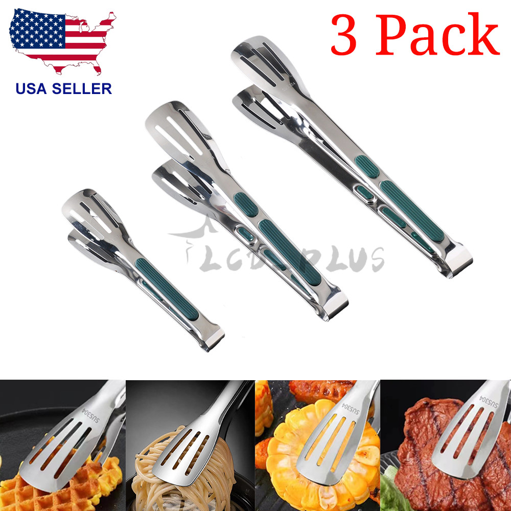 3x Stainless Steel Kitchen Tongs Food Serving Grill Multi Purpose Cooking Tongs