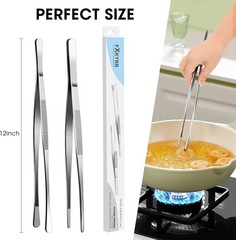 2 Pcs 12-inch Stainless Steel Kitchen Utensils, Cooking Tongs, Kitchen Tweezers