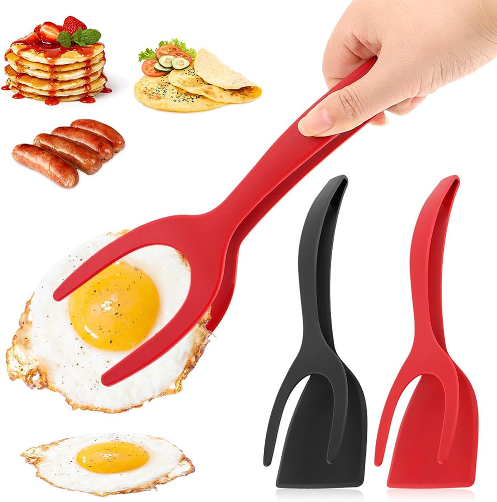 2Pcs 2 in 1 Egg Flipper Spatula Tongs Non Stick Grip Flip Omelet Pancake Black R