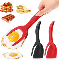 2Pcs 2 in 1 Egg Flipper Spatula Tongs Non Stick Grip Flip Omelet Pancake Black R