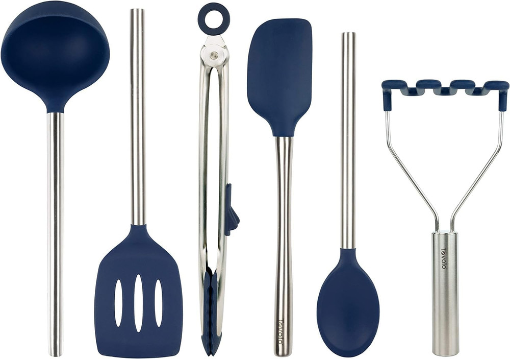 Silicone Cooking Utensil Set of 6 Stainless Steel Handle Ladle Slotted