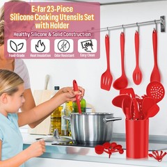 Silicone Kitchen Utensils Set, 23 Pcs Red Cooking Utensils Tools with Holder fo