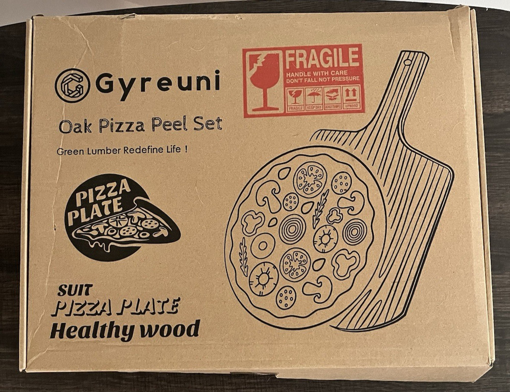 5 pc Gyreuni 13” Oak Pizza Set Stone Rocker Cutter Rack Peel Pizza Paper New