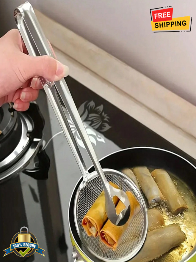 Stainless Steel Oil Filter Spoon with Mesh Wok Clamp for Cooking & Frying