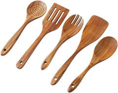 5pc Teak Wood Cooking Utensil Set Non Stick Heat Resistant Kitchen Spoons