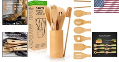 All-Natural Bamboo Cooking Utensil Set of 8 – Perfect for Non-Stick Cookware