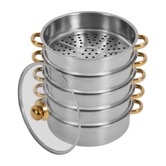 5-Tier 5L Cooking Pot Round Steamer Baskets Stainless Steel Lid Home Cookware