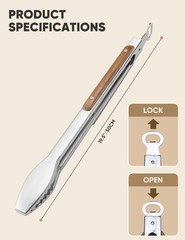 Extra Long 19.5″ BBQ Tongs with Wood Handles, Heavy Duty Stainless Steel