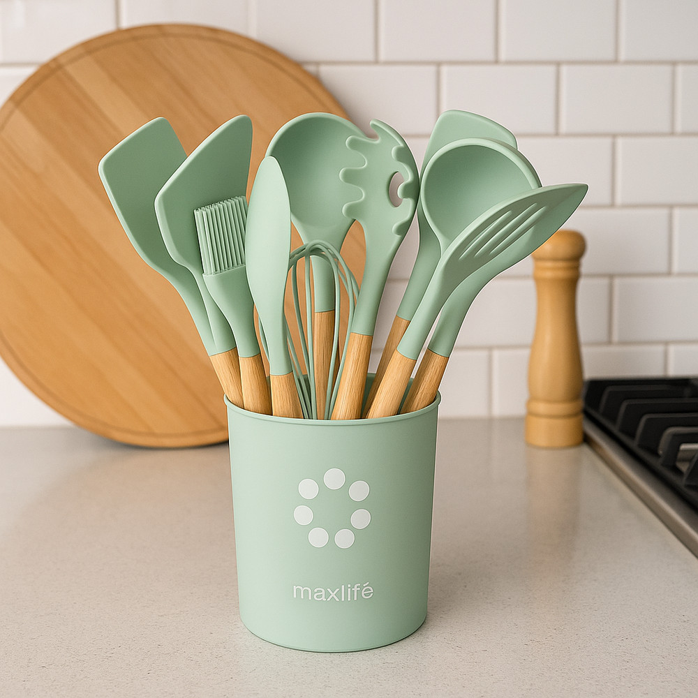 12 PCS Silicone Kitchenware Utensil Set with Wooden Handle & Holder Green