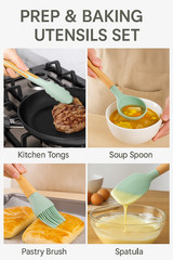 12 PCS Silicone Kitchenware Utensil Set with Wooden Handle & Holder Green